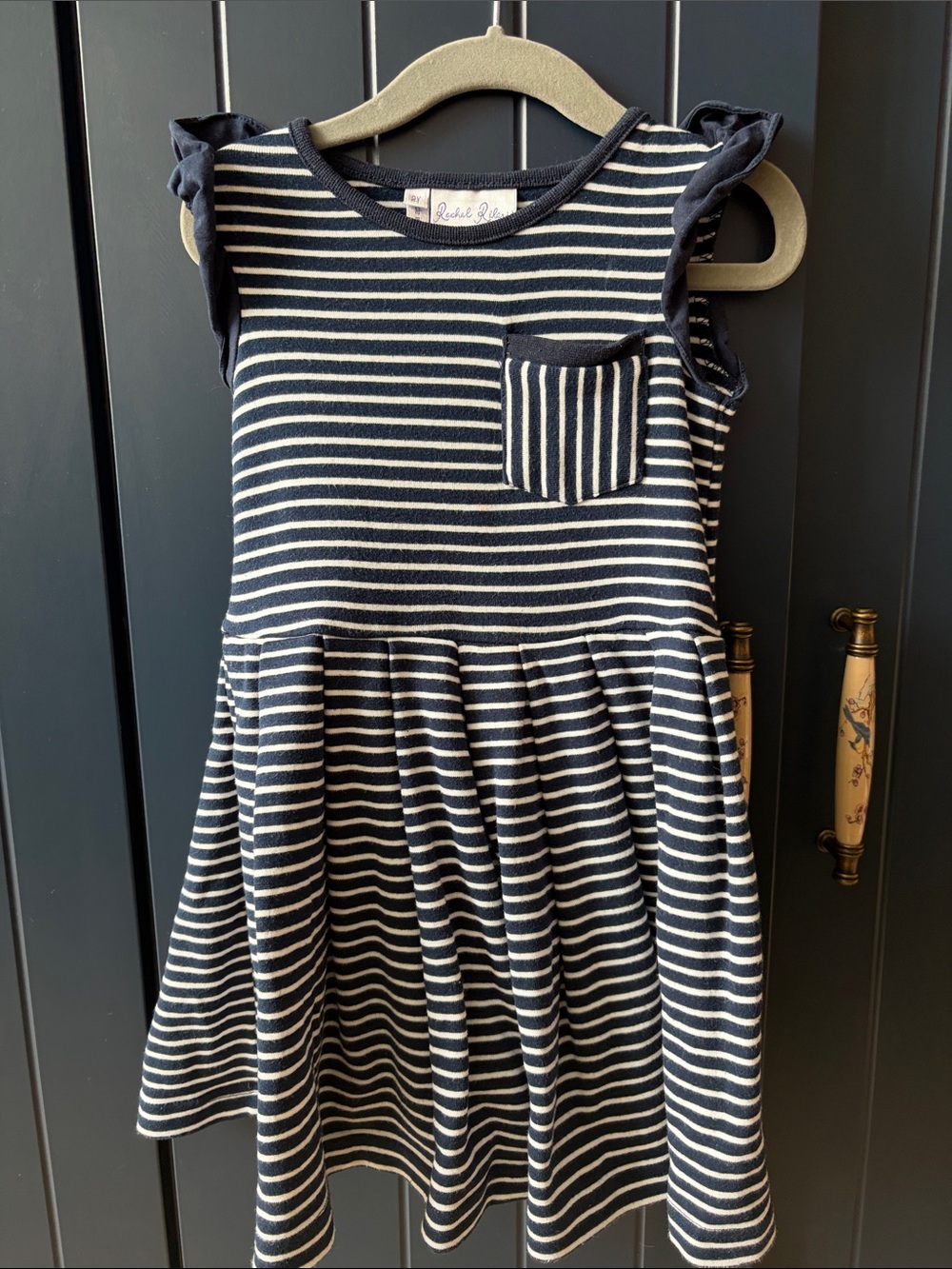 Rachel Riley Navy & White Striped Flutter Sleeve Dress - 2T